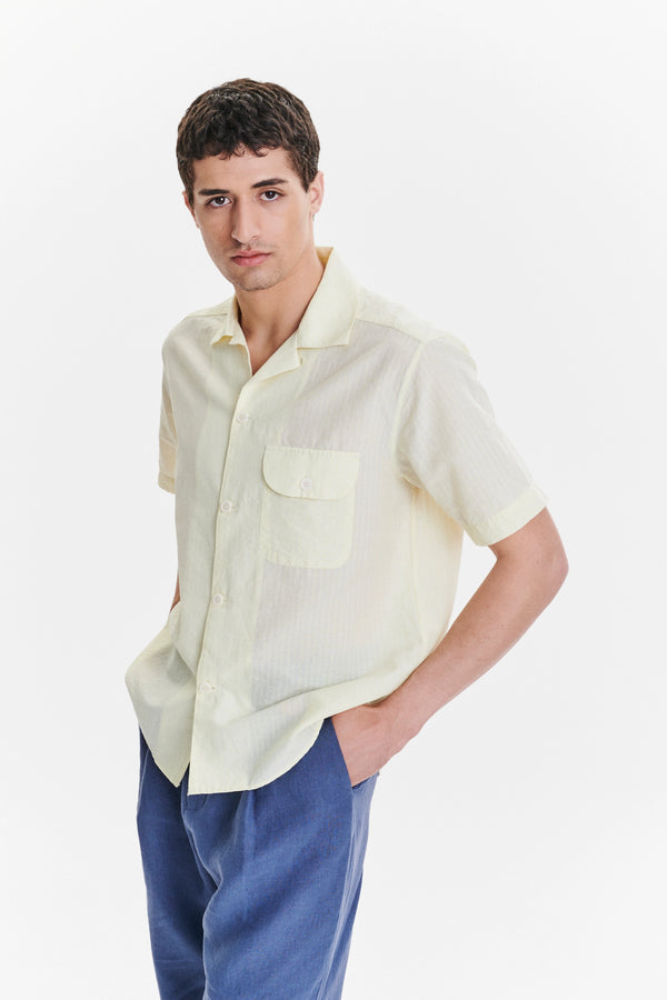 Delikatessen Short Sleeve Camp Collar Shirt In A Lemon Cream Soft Italian Cotton Seersucker
