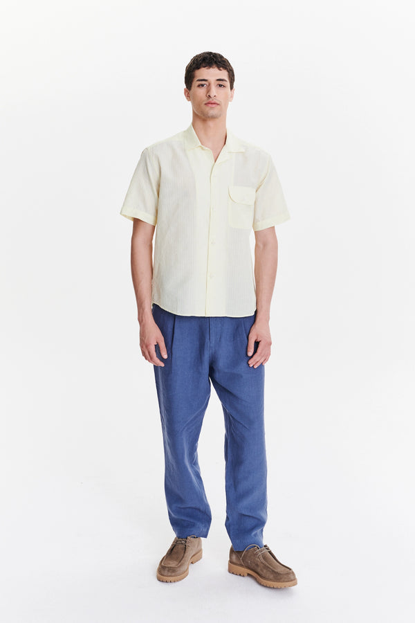 delikatessen Short Sleeve Camp Collar Shirt in a Lemon Cream Soft Italian Cotton Seersucker