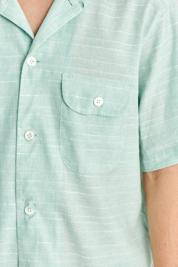 Delikatessen Short Sleeve Camp Collar Shirt In A Mint Green Mix Of Portuguese Cotton Linen And Pineapple