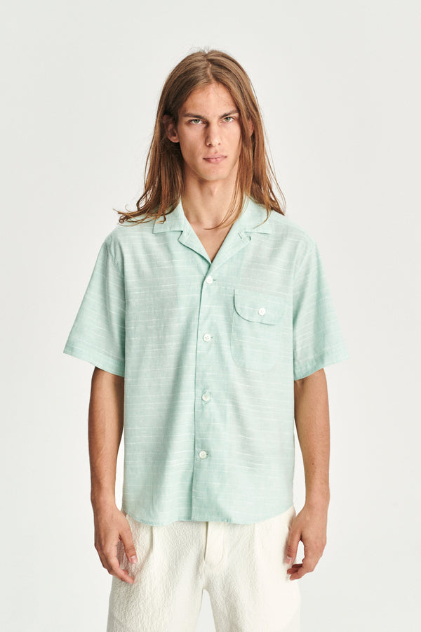 Delikatessen Short Sleeve Camp Collar Shirt In A Mint Green Mix Of Portuguese Cotton Linen And Pineapple