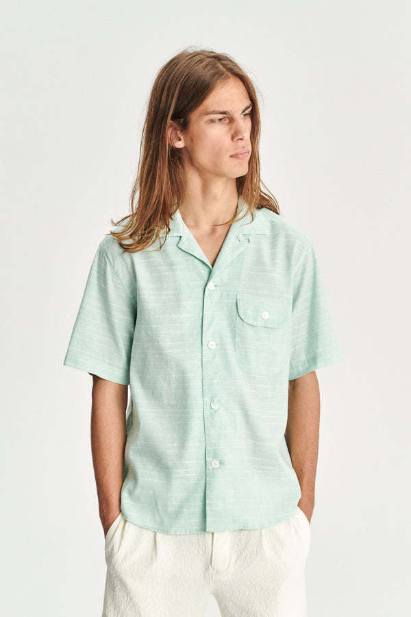 Delikatessen Short Sleeve Camp Collar Shirt In A Mint Green Mix Of Portuguese Cotton Linen And Pineapple