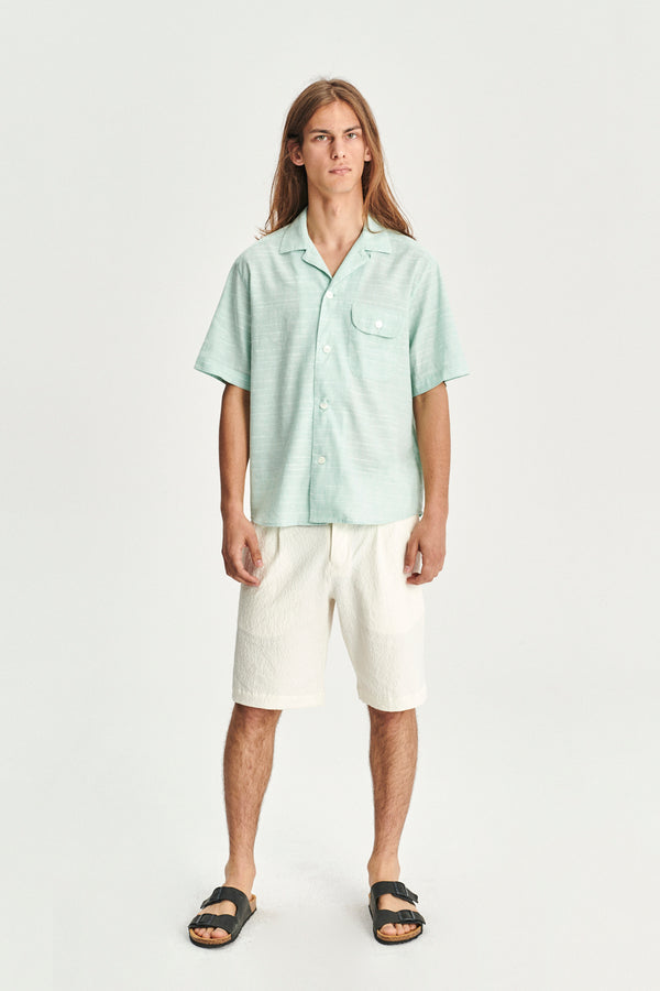 delikatessen Short Sleeve Camp Collar Shirt in a Mint Green Mix of Portuguese Cotton Linen and Pineapple