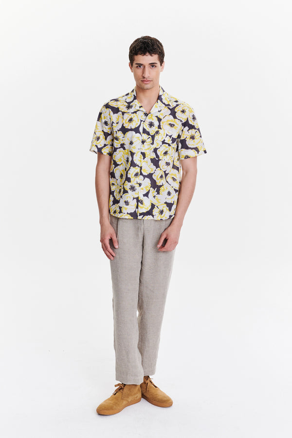 Delikatessen Short Sleeve Camp Collar Shirt In A Neon Yellow White And Brown Italian Cotton