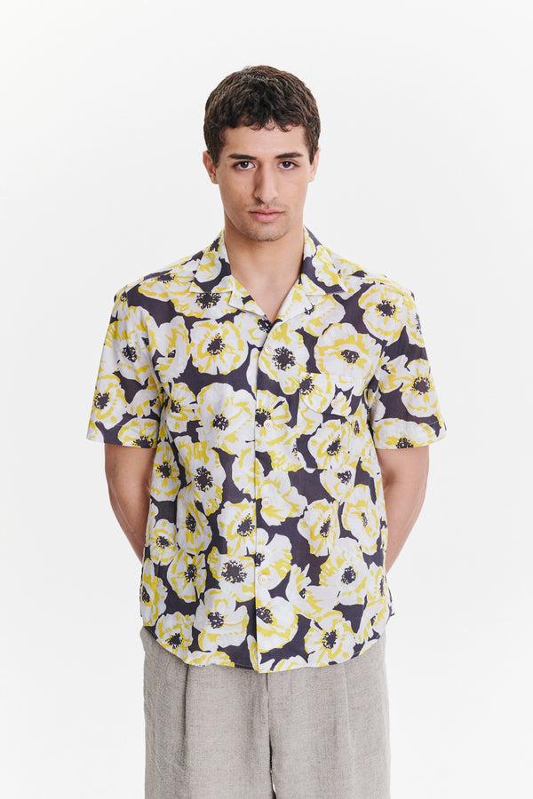 Delikatessen Short Sleeve Camp Collar Shirt In A Neon Yellow White And Brown Italian Cotton