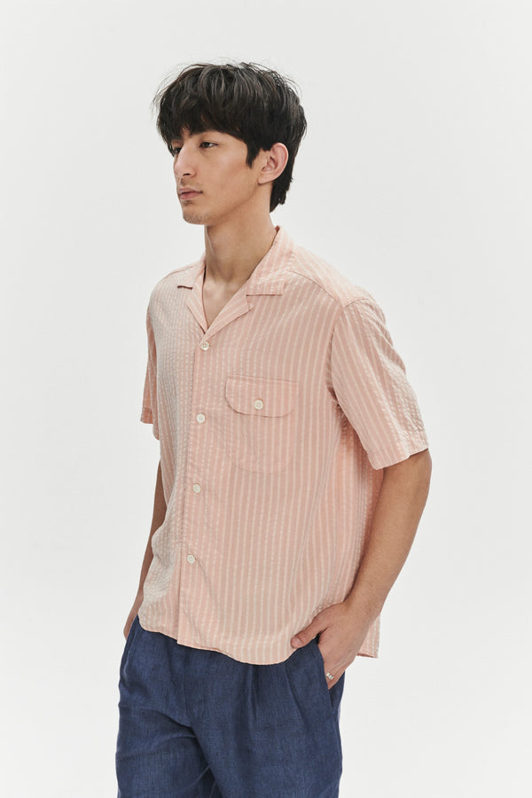 Delikatessen Short Sleeve Camp Collar Shirt In A Peach Pink Striped Soft Portuguese Lyocell