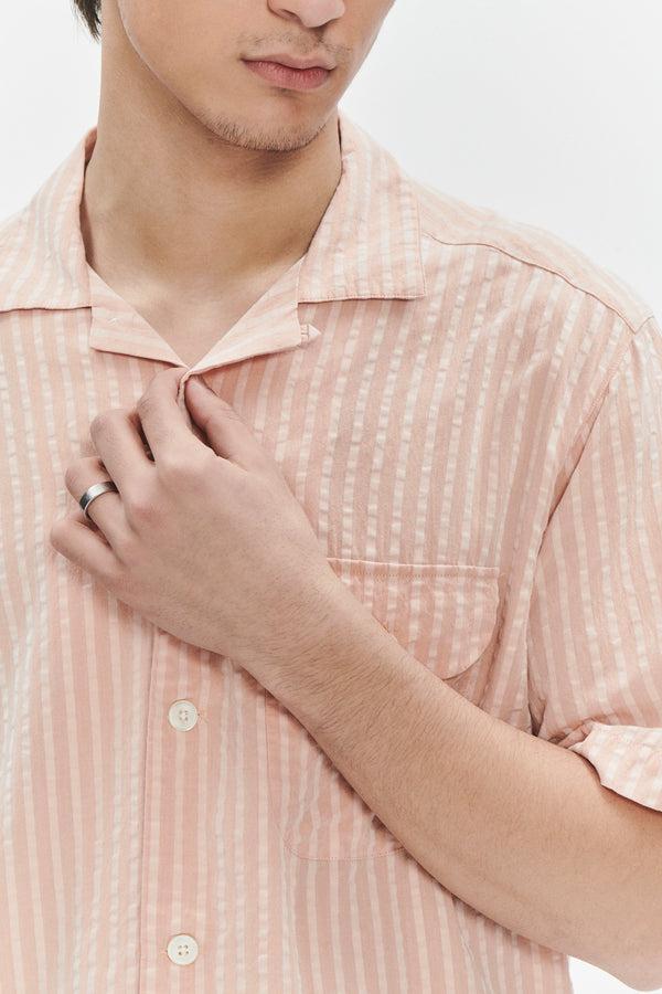 Delikatessen Short Sleeve Camp Collar Shirt In A Peach Pink Striped Soft Portuguese Lyocell