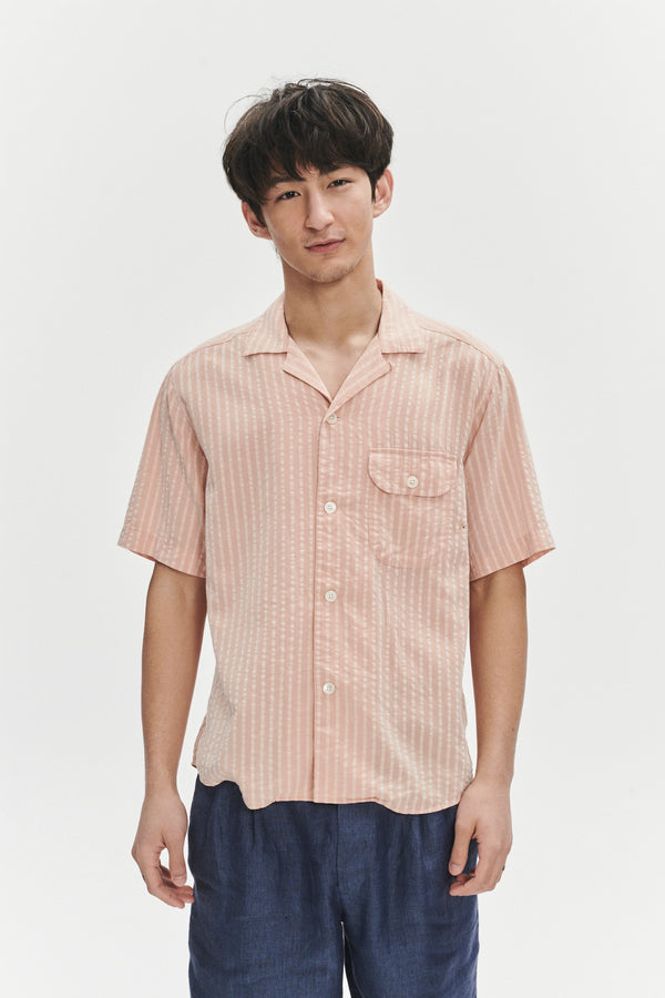 Delikatessen Short Sleeve Camp Collar Shirt In A Peach Pink Striped Soft Portuguese Lyocell