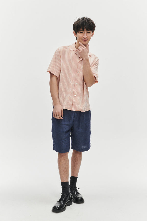 delikatessen Short Sleeve Camp Collar Shirt in a Peach Pink Striped Soft Portuguese Lyocell