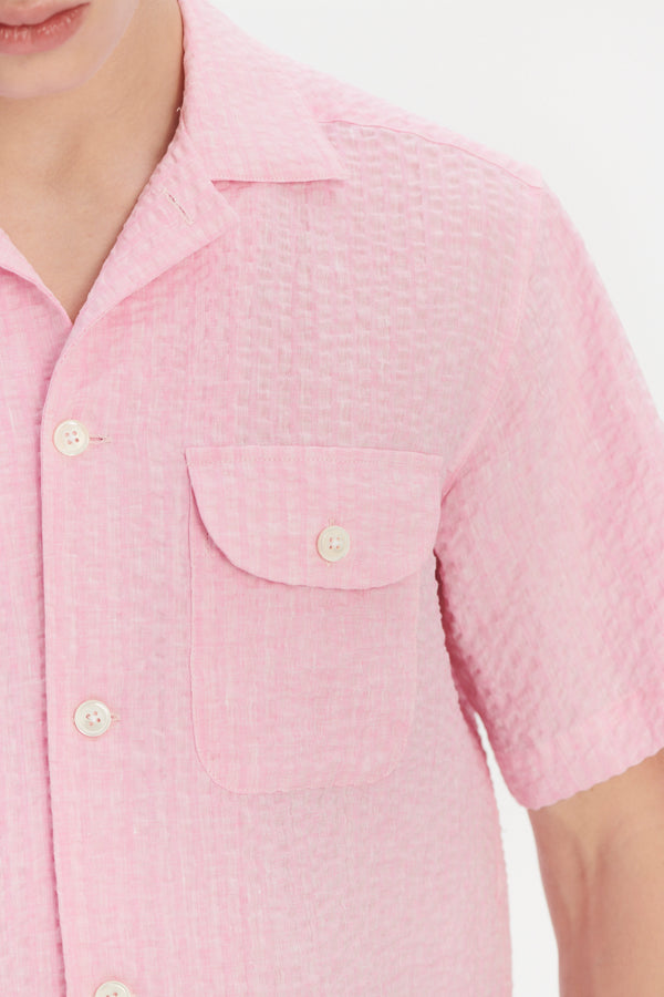 Delikatessen Short Sleeve Camp Collar Shirt In A Pink Italian Linen Seersucker By Albini