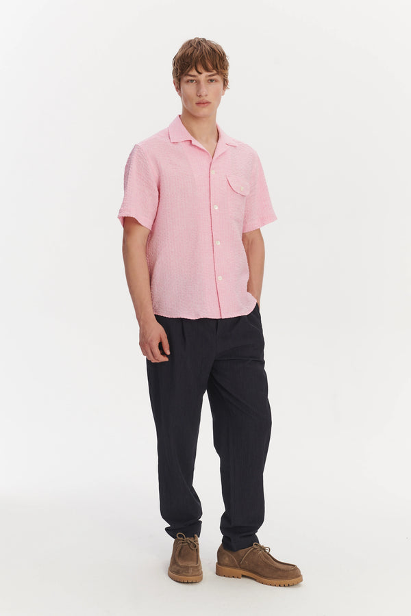 delikatessen Short Sleeve Camp Collar Shirt in a Pink Italian Linen Seersucker by Albini