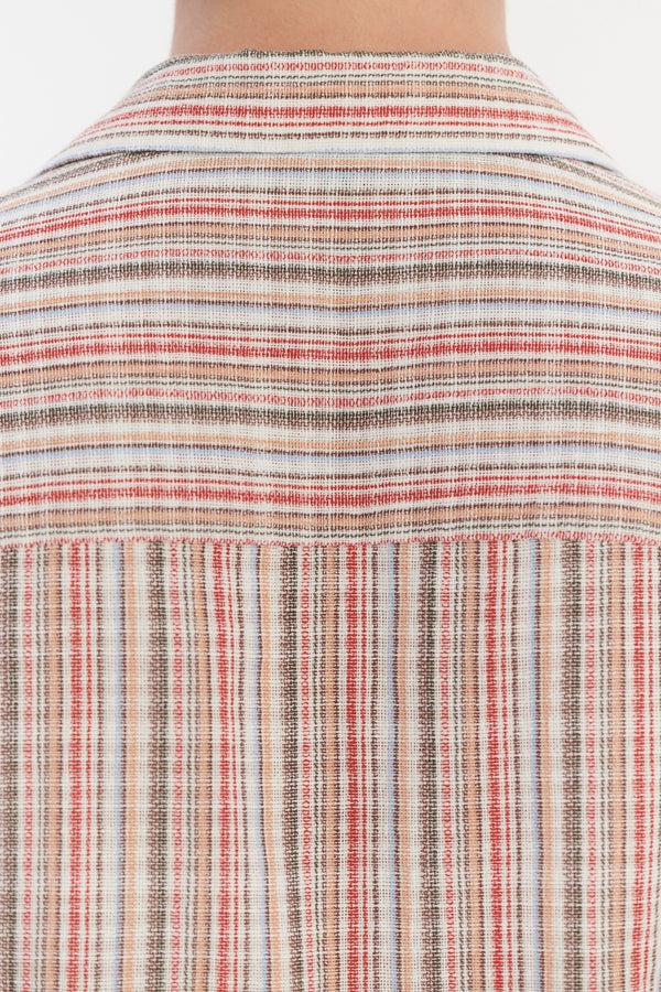 Delikatessen Short Sleeve Camp Collar Shirt In A Red Blue Grey And Beige Airy Portuguese Cotton