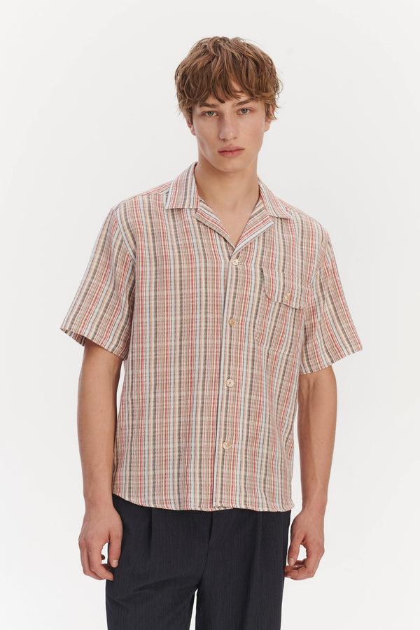 Delikatessen Short Sleeve Camp Collar Shirt In A Red Blue Grey And Beige Airy Portuguese Cotton