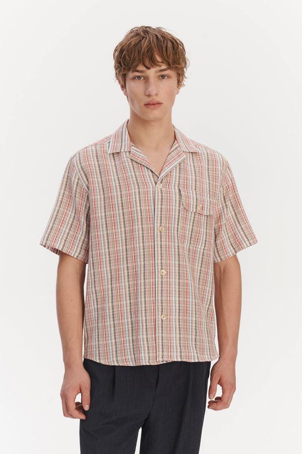 Delikatessen Short Sleeve Camp Collar Shirt In A Red Blue Grey And Beige Airy Portuguese Cotton