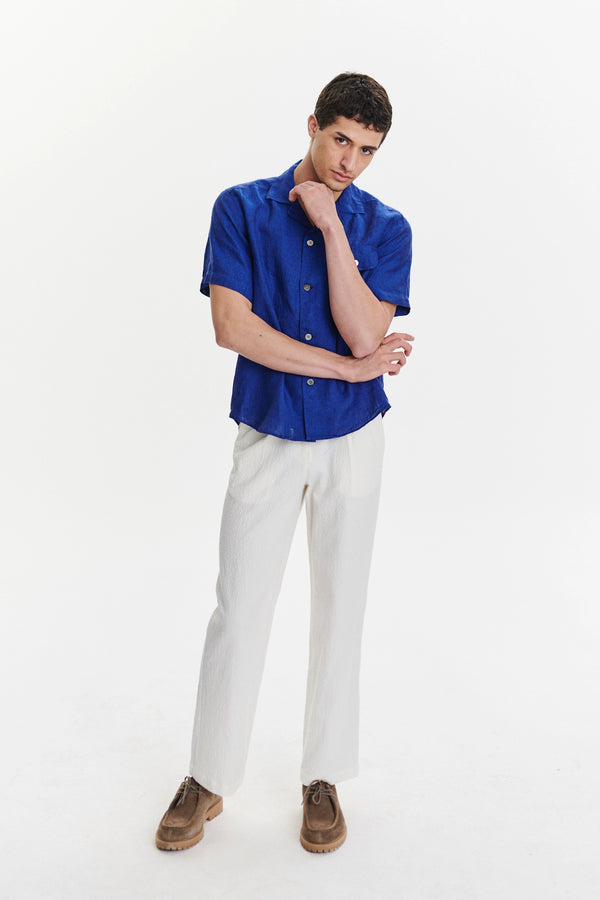 Delikatessen Short Sleeve Camp Collar Shirt In A Soft And Airy Cobalt Blue Bohemian Linen