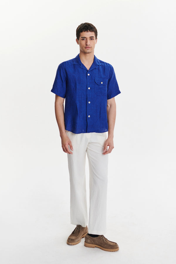 Delikatessen Short Sleeve Camp Collar Shirt In A Soft And Airy Cobalt Blue Bohemian Linen