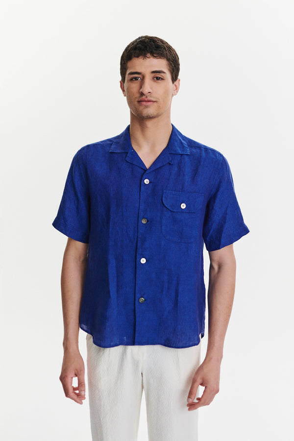 Delikatessen Short Sleeve Camp Collar Shirt In A Soft And Airy Cobalt Blue Bohemian Linen
