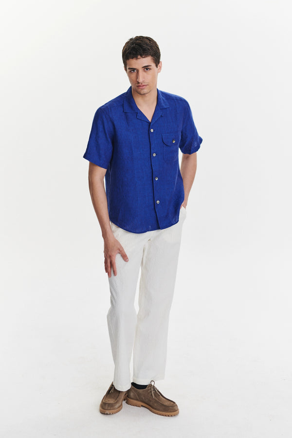 delikatessen Short Sleeve Camp Collar Shirt in a Soft and Airy Cobalt Blue Bohemian Linen