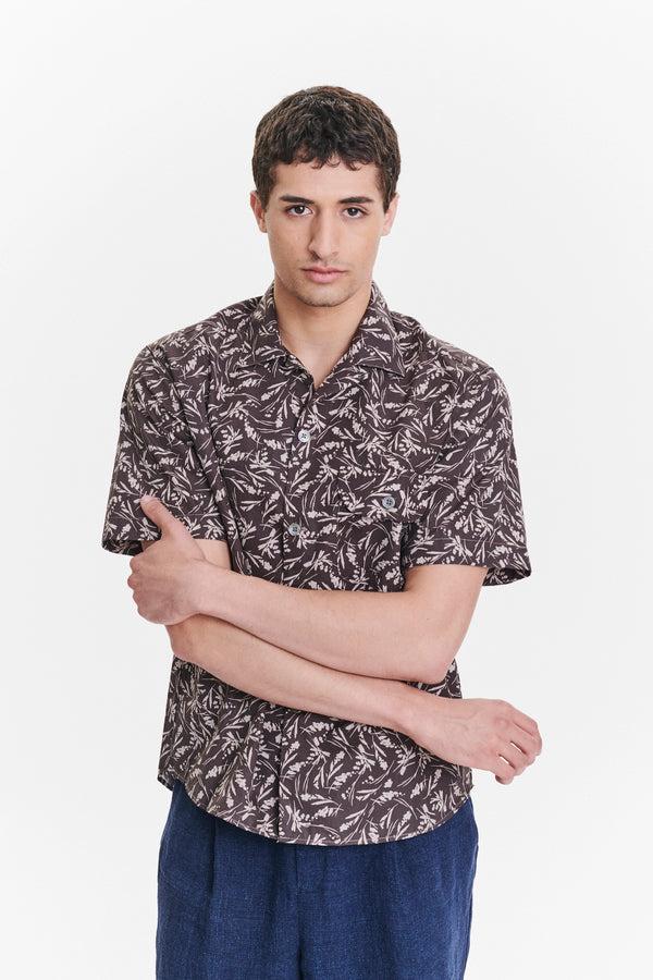 Delikatessen Short Sleeve Camp Collar Shirt In A Subtle Brown And Off White Floral Printed Italian Cotton