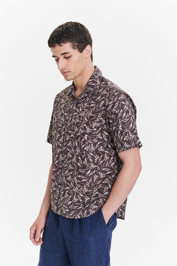 Delikatessen Short Sleeve Camp Collar Shirt In A Subtle Brown And Off White Floral Printed Italian Cotton