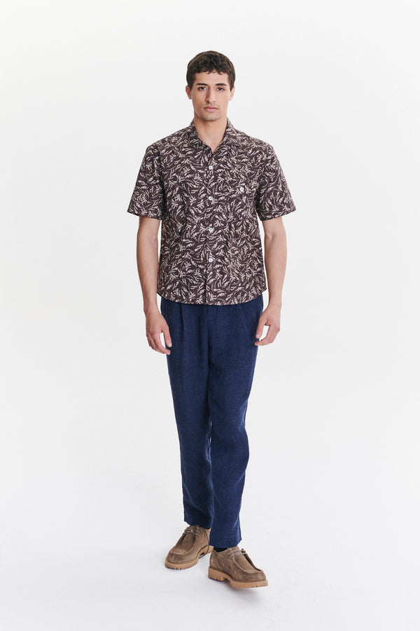 Delikatessen Short Sleeve Camp Collar Shirt In A Subtle Brown And Off White Floral Printed Italian Cotton