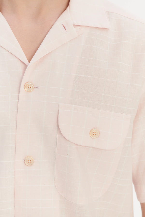 Delikatessen Short Sleeve Camp Collar Shirt In A Subtle Pink Mix Of Portuguese Cotton Linen And Pineapple