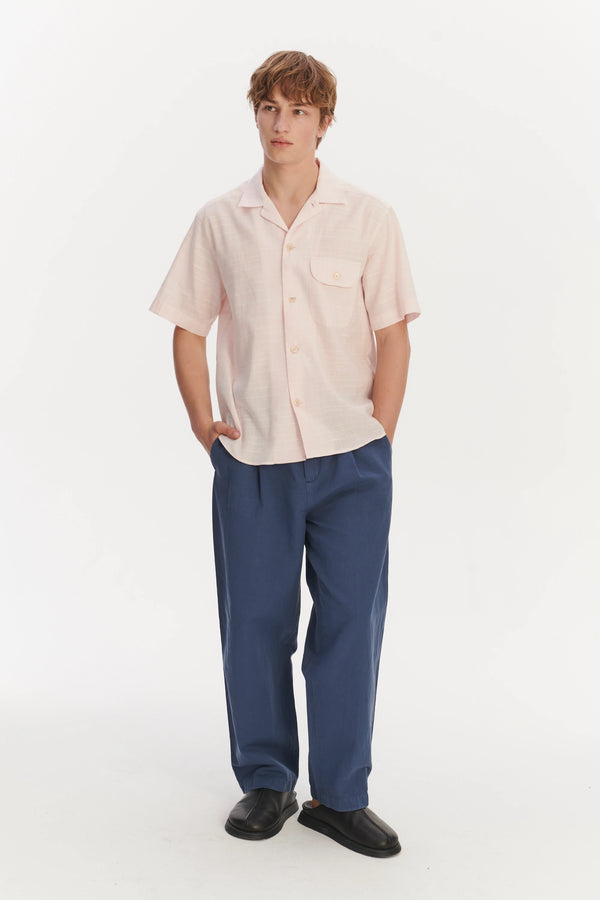 Delikatessen Short Sleeve Camp Collar Shirt In A Subtle Pink Mix Of Portuguese Cotton Linen And Pineapple