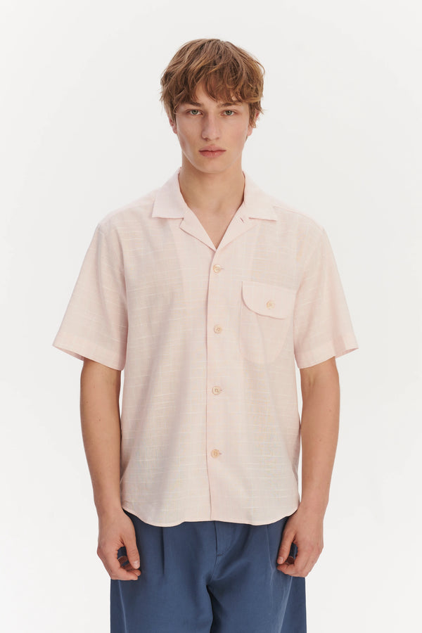 Delikatessen Short Sleeve Camp Collar Shirt In A Subtle Pink Mix Of Portuguese Cotton Linen And Pineapple