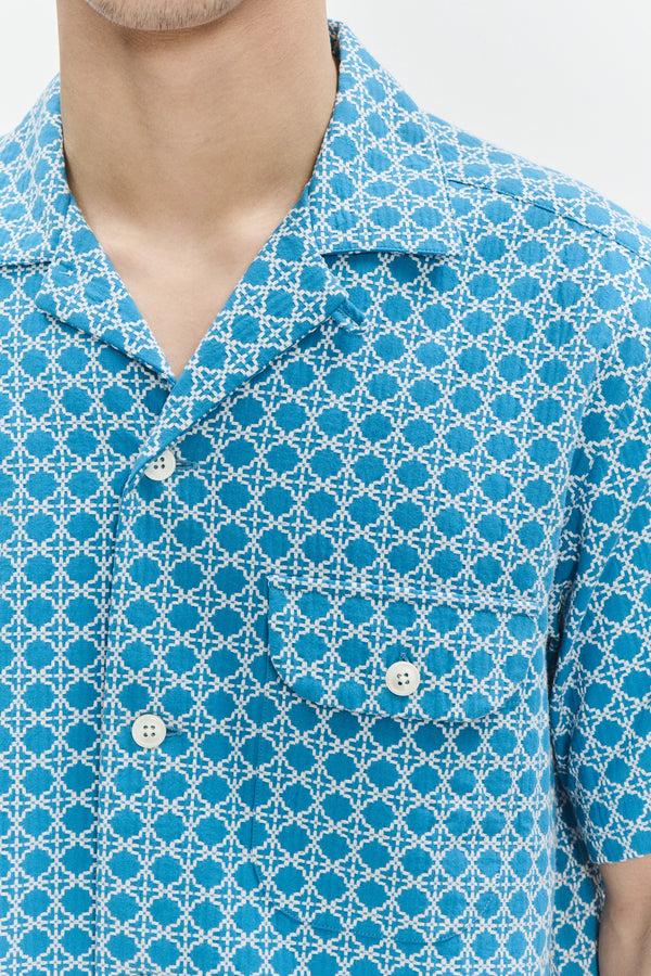 Delikatessen Short Sleeve Camp Collar Shirt In A Vibrant Turquoise Blue Jacquard Portuguese Cotton