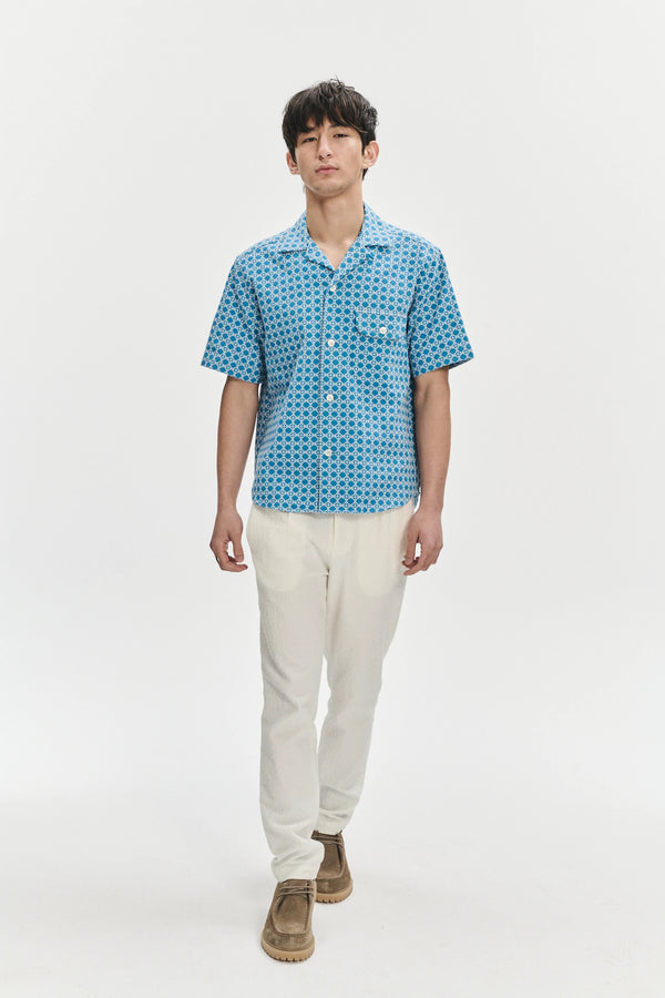 Delikatessen Short Sleeve Camp Collar Shirt In A Vibrant Turquoise Blue Jacquard Portuguese Cotton