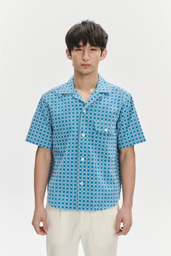 Delikatessen Short Sleeve Camp Collar Shirt In A Vibrant Turquoise Blue Jacquard Portuguese Cotton