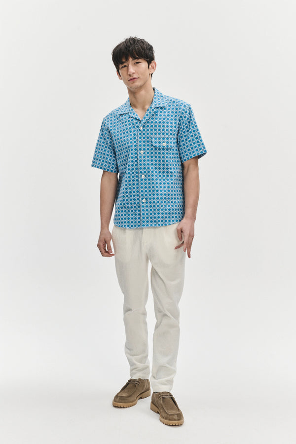delikatessen Short Sleeve Camp Collar Shirt in a Vibrant Turquoise Blue Jacquard Portuguese Cotton