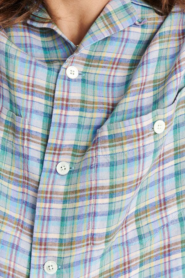 Delikatessen Short Sleeve Camp Collar Shirt In A Vivid Green Yellow Light Blue And Rust Red Chequered Italian Linen