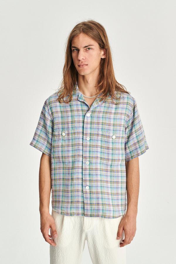Delikatessen Short Sleeve Camp Collar Shirt In A Vivid Green Yellow Light Blue And Rust Red Chequered Italian Linen