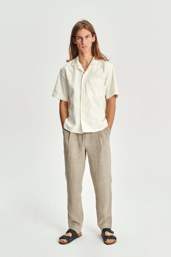 Delikatessen Short Sleeve Camp Collar Shirt In An Off-white Portuguese Jacquard Cotton