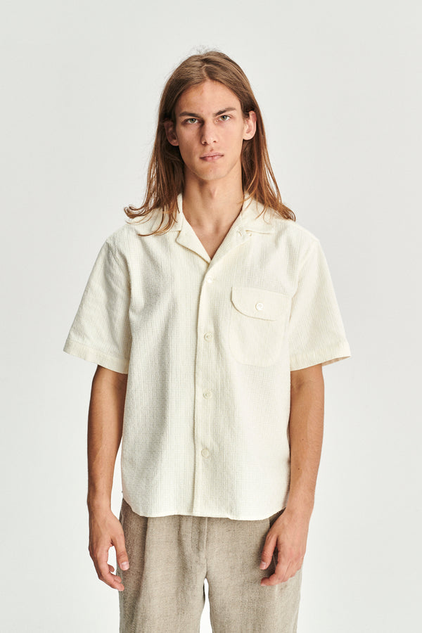 Delikatessen Short Sleeve Camp Collar Shirt In An Off-white Portuguese Jacquard Cotton