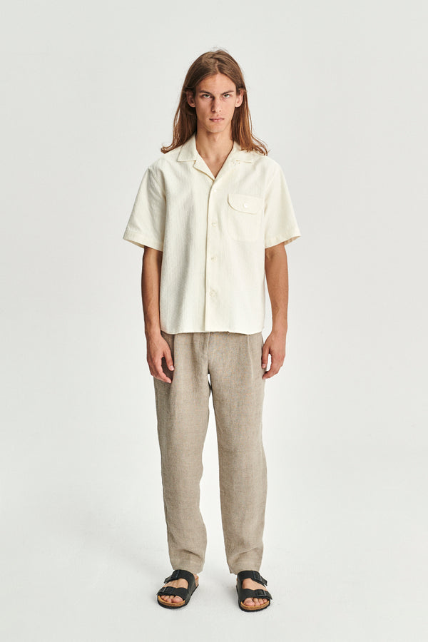 delikatessen Short Sleeve Camp Collar Shirt in an Off-white Portuguese Jacquard Cotton