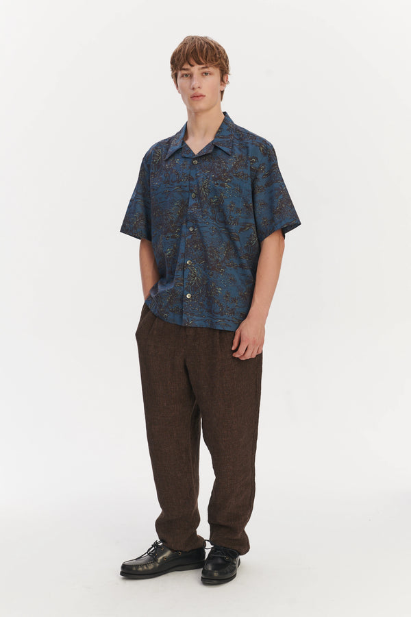 Delikatessen Short Sleeve Cuban Collar Shirt In A Blue Printed Palm Design Italian Cotton And Lyocell