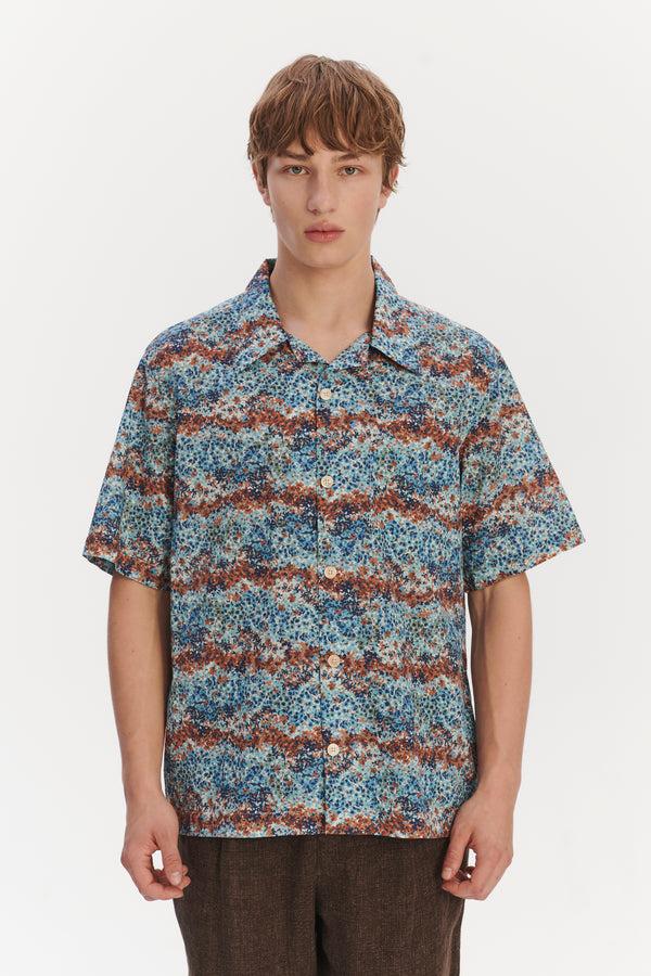 Delikatessen Short Sleeve Cuban Collar Shirt In A Fantasy Sea Blue Amber Light Green And White Printed Italian Cotton
