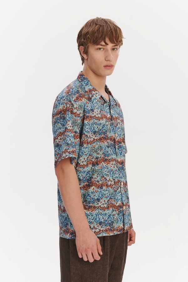 Delikatessen Short Sleeve Cuban Collar Shirt In A Fantasy Sea Blue Amber Light Green And White Printed Italian Cotton