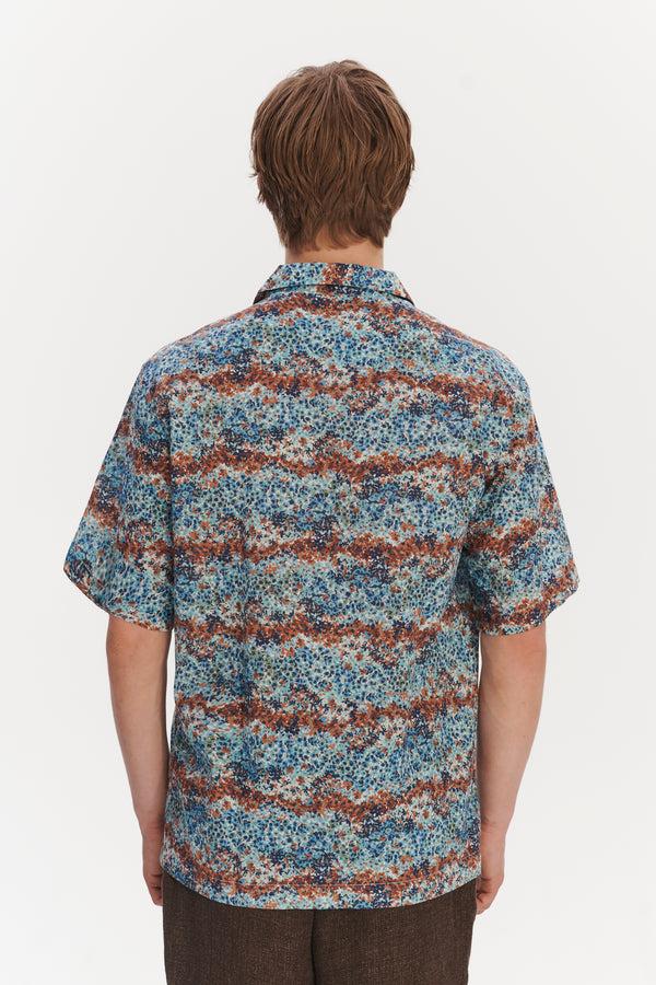 Delikatessen Short Sleeve Cuban Collar Shirt In A Fantasy Sea Blue Amber Light Green And White Printed Italian Cotton