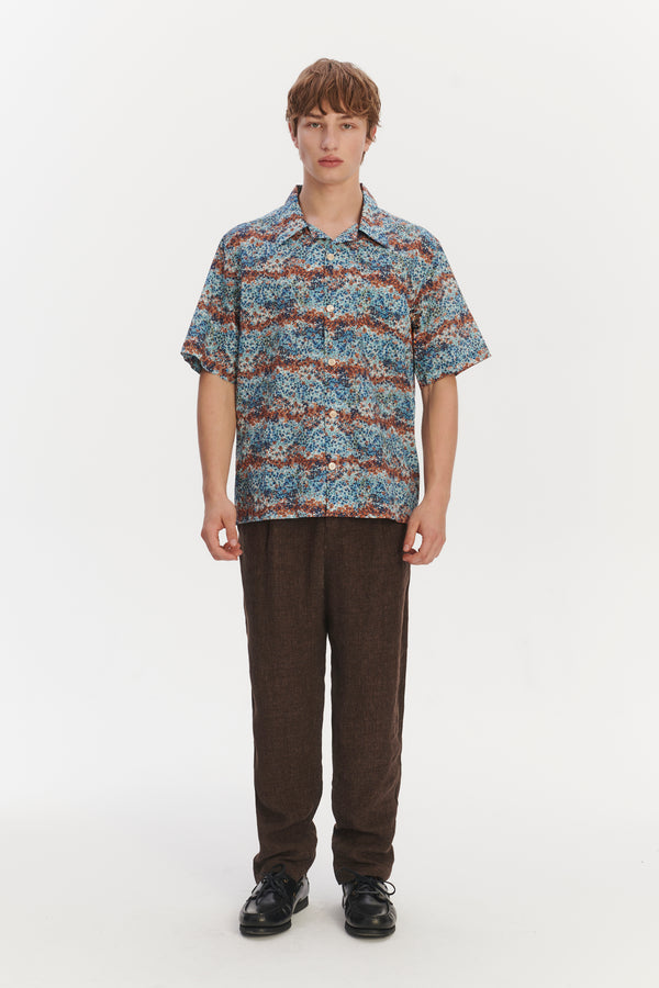 delikatessen Short Sleeve Cuban Collar Shirt in a Fantasy Sea Blue Amber Light Green and White Printed Italian Cotton