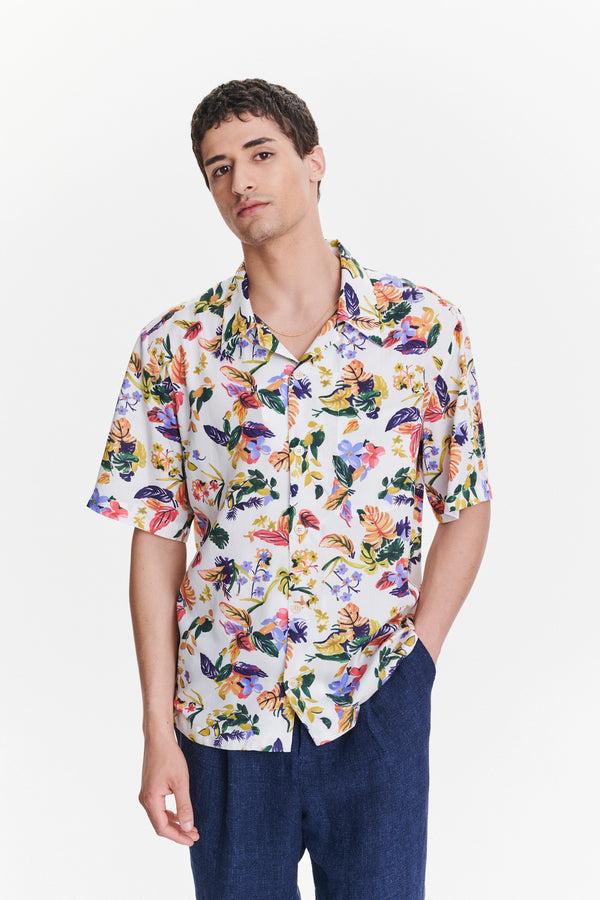Delikatessen Short Sleeve Cuban Collar Shirt In A Green Yellow Blue Flower Natural Italian Lyocell