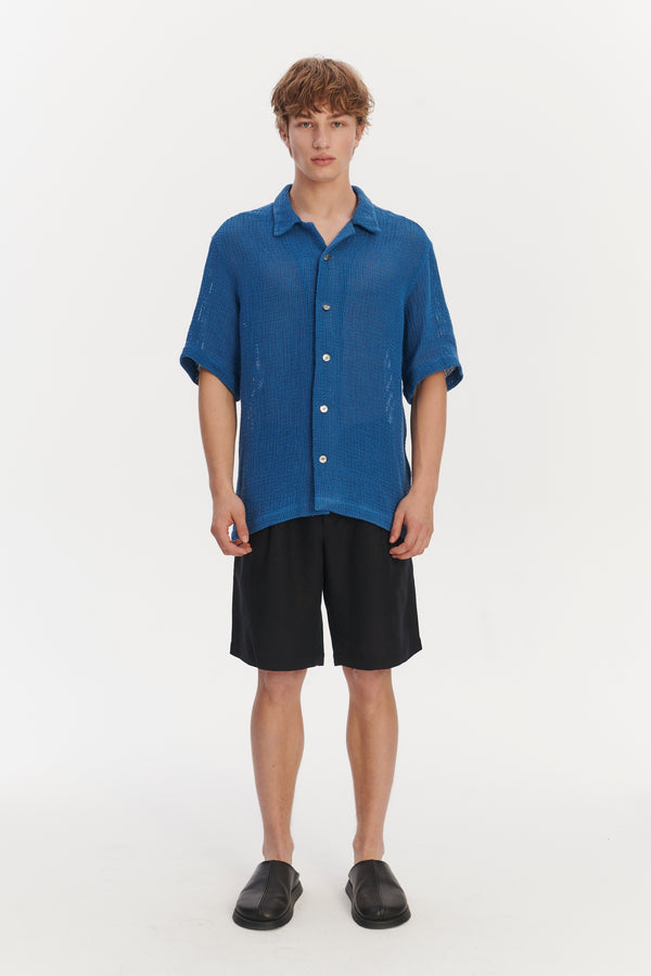 Delikatessen Short Sleeve Cuban Collar Shirt In A Soft Cornflower Blue Open Weave Portuguese Cotton