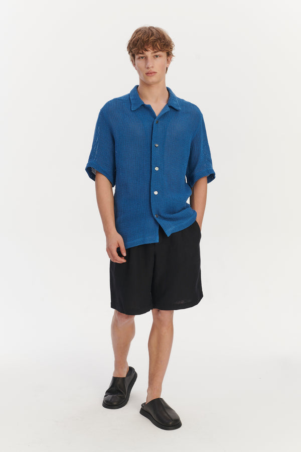 Delikatessen Short Sleeve Cuban Collar Shirt In A Soft Cornflower Blue Open Weave Portuguese Cotton