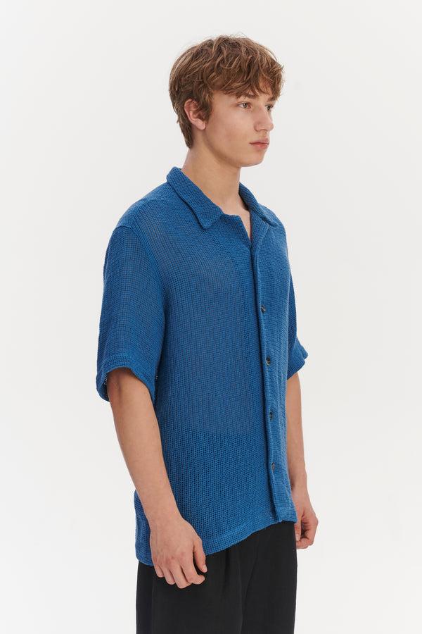 Delikatessen Short Sleeve Cuban Collar Shirt In A Soft Cornflower Blue Open Weave Portuguese Cotton