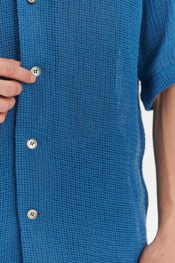 delikatessen Short Sleeve Cuban Collar Shirt in a Soft Cornflower Blue Open Weave Portuguese Cotton delikatessen Short Sleeve Cuban Collar Shirt in a Soft Cornflower Blue Open Weave Portuguese Cotton
