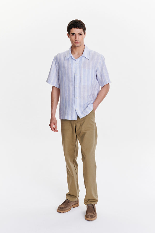 Delikatessen Short Sleeve Cuban Collar Shirt In A Subtle Blue And White Striped Italian Linen
