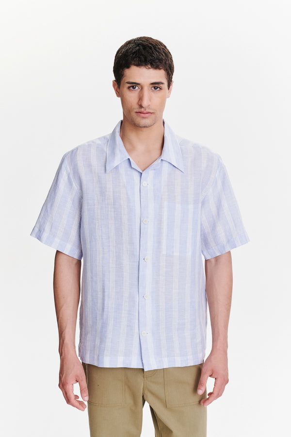 Delikatessen Short Sleeve Cuban Collar Shirt In A Subtle Blue And White Striped Italian Linen