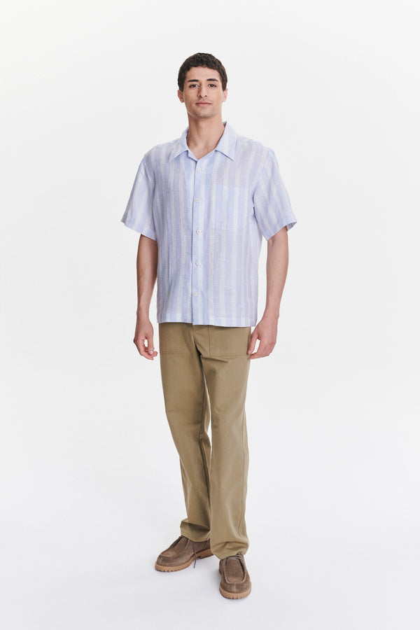 delikatessen Short Sleeve Cuban Collar Shirt in a Subtle Blue and White Striped Italian Linen