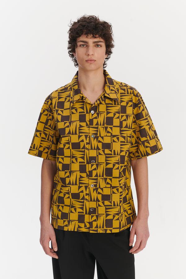 Delikatessen Short Sleeve Cuban Collar Shirt In A Yellow And Brown Geometric Italian Cotton